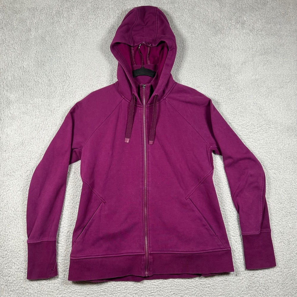Athleta Triumph Full Zip Hoodie Berry Purple Fleece Lined Thumbholes XL Yoga Gym